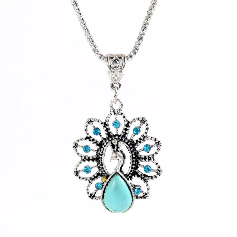 Bohemian Style Womens Jewelry Charming peacock Pendant Pretty Turquoise Stone Necklace