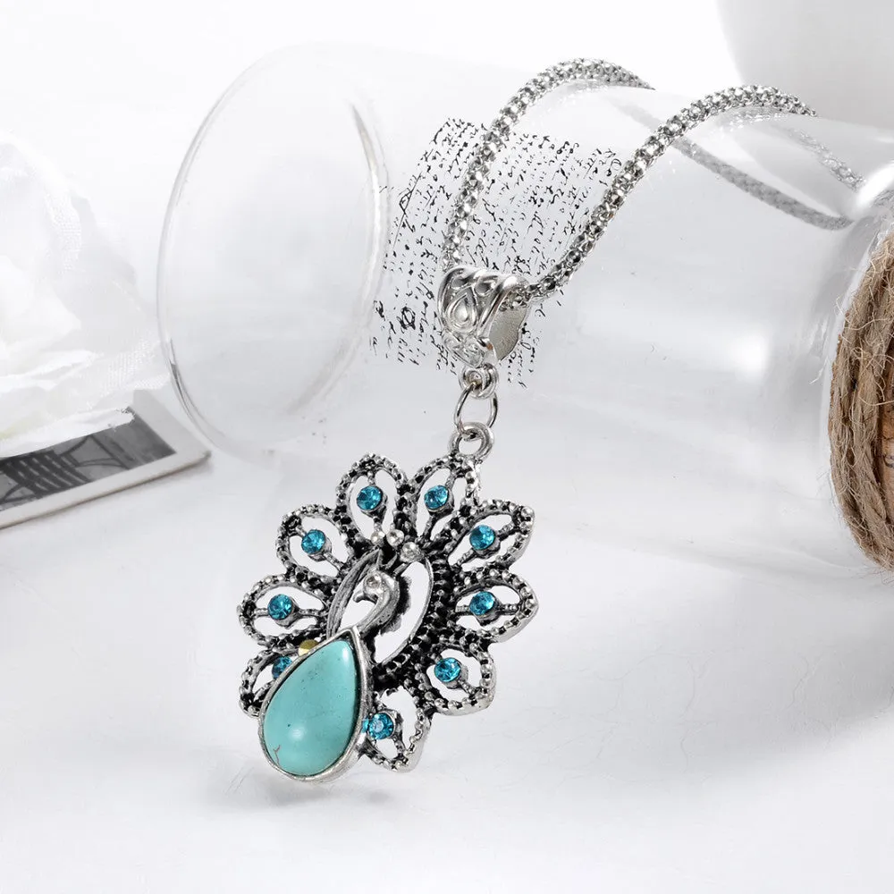 Bohemian Style Womens Jewelry Charming peacock Pendant Pretty Turquoise Stone Necklace