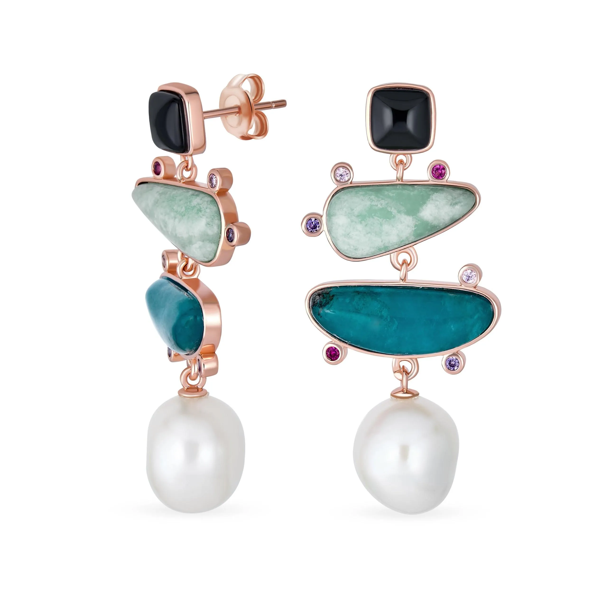 Boho Tri Tone Dangle Gemstone Earrings with Apatite and Baroque Pearl Gold Plated