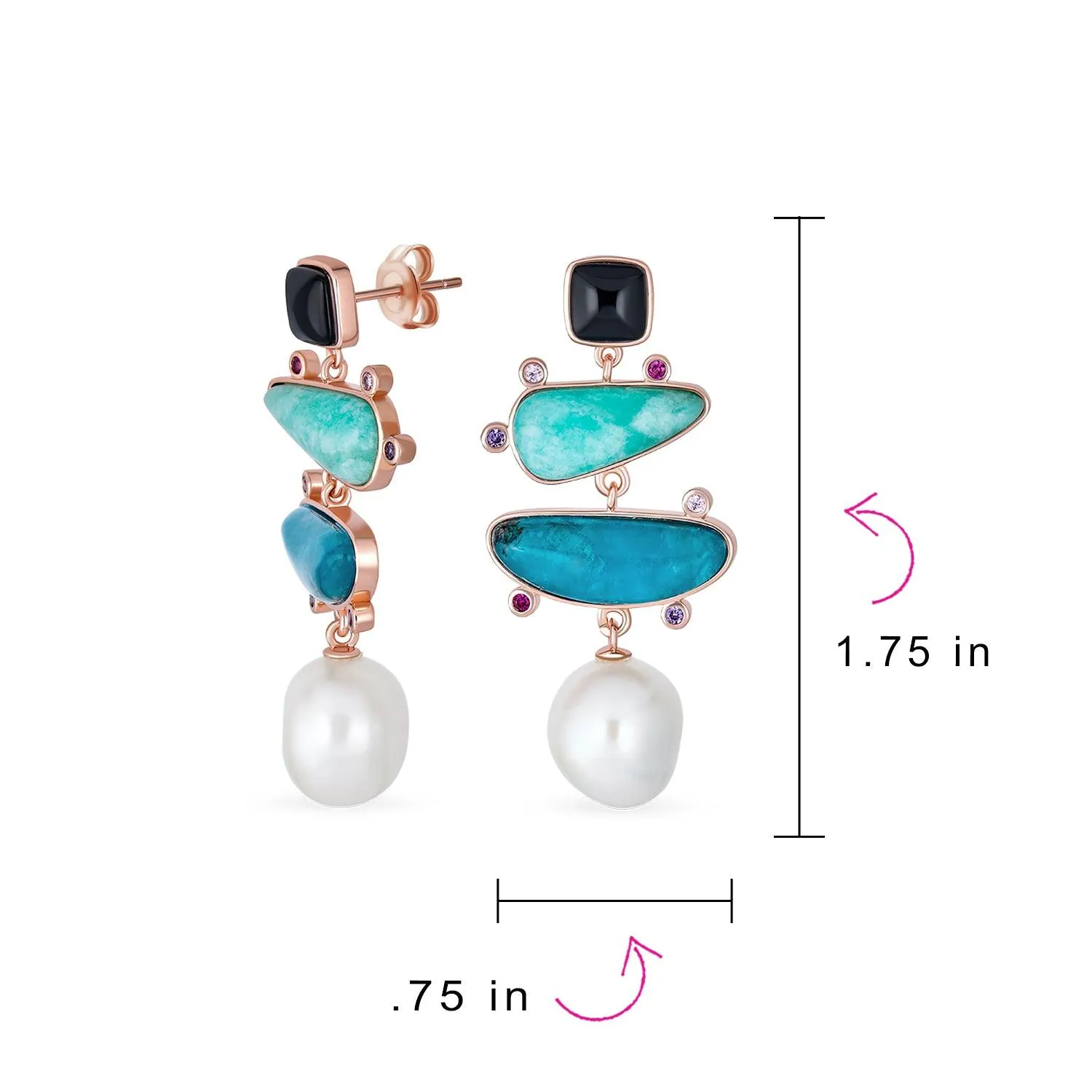 Boho Tri Tone Dangle Gemstone Earrings with Apatite and Baroque Pearl Gold Plated