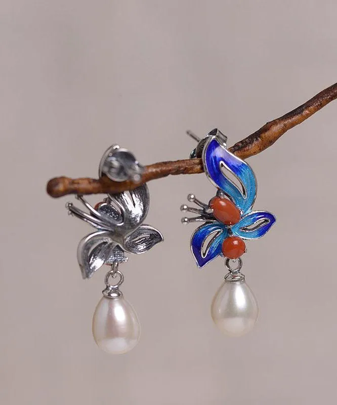 Chic Blue Sterling Silver Cloisonne Jade Pearl Butterfly Stud Earrings