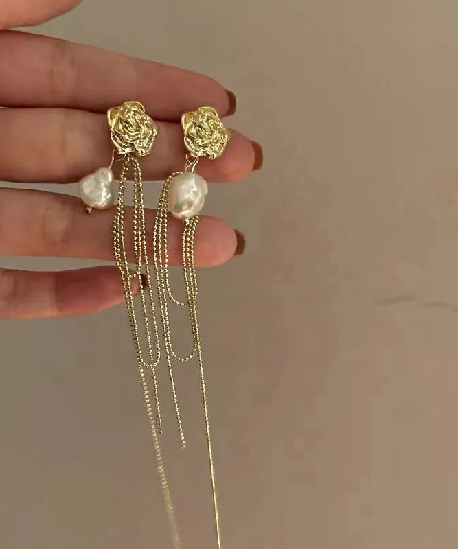 Chic Gold Overgild Pearl Long Tassel Drop Earrings LY1804