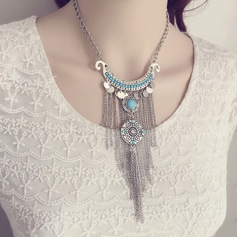 Collier Femme Thai Silver Coins Bohemian Tassel Pendant Colar Statement Necklaces vintage jewelry for women