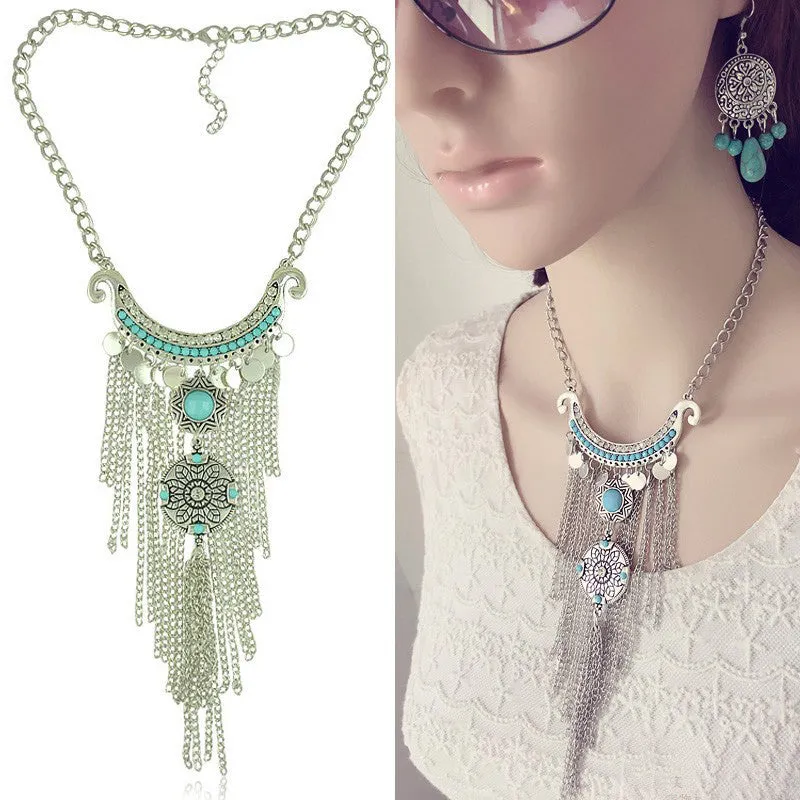 Collier Femme Thai Silver Coins Bohemian Tassel Pendant Colar Statement Necklaces vintage jewelry for women