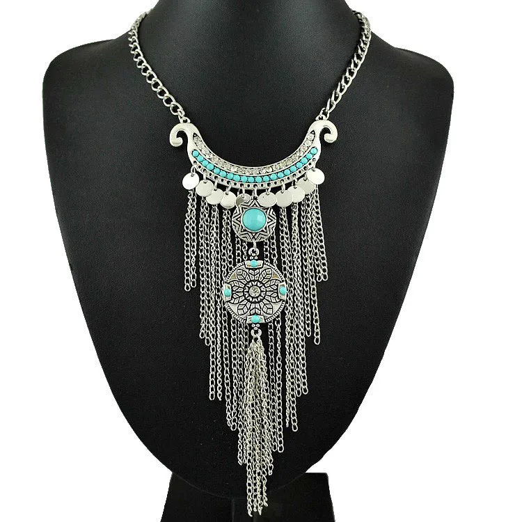 Collier Femme Thai Silver Coins Bohemian Tassel Pendant Colar Statement Necklaces vintage jewelry for women