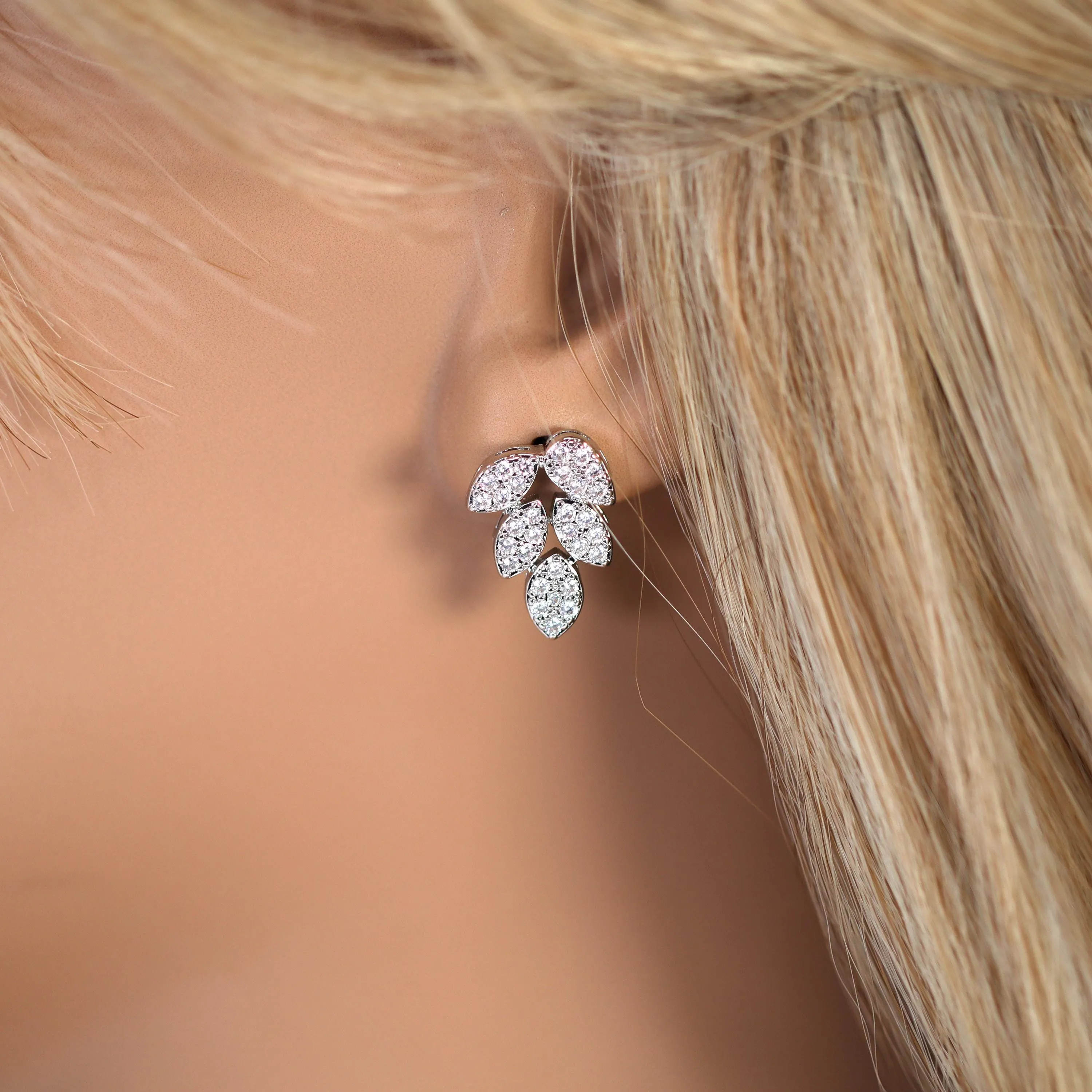 Cz Diamond Leaf stud Earrings, Bridal Jewelry, Bridal Stud Earrings, Crystal Bridal Earrings, Statement Earrings Cz