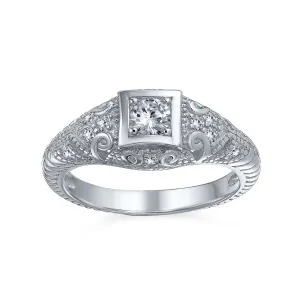 CZ Victorian Art Deco Cocktail Statement Ring 1CTW Princess Solitaire Sterling Silver