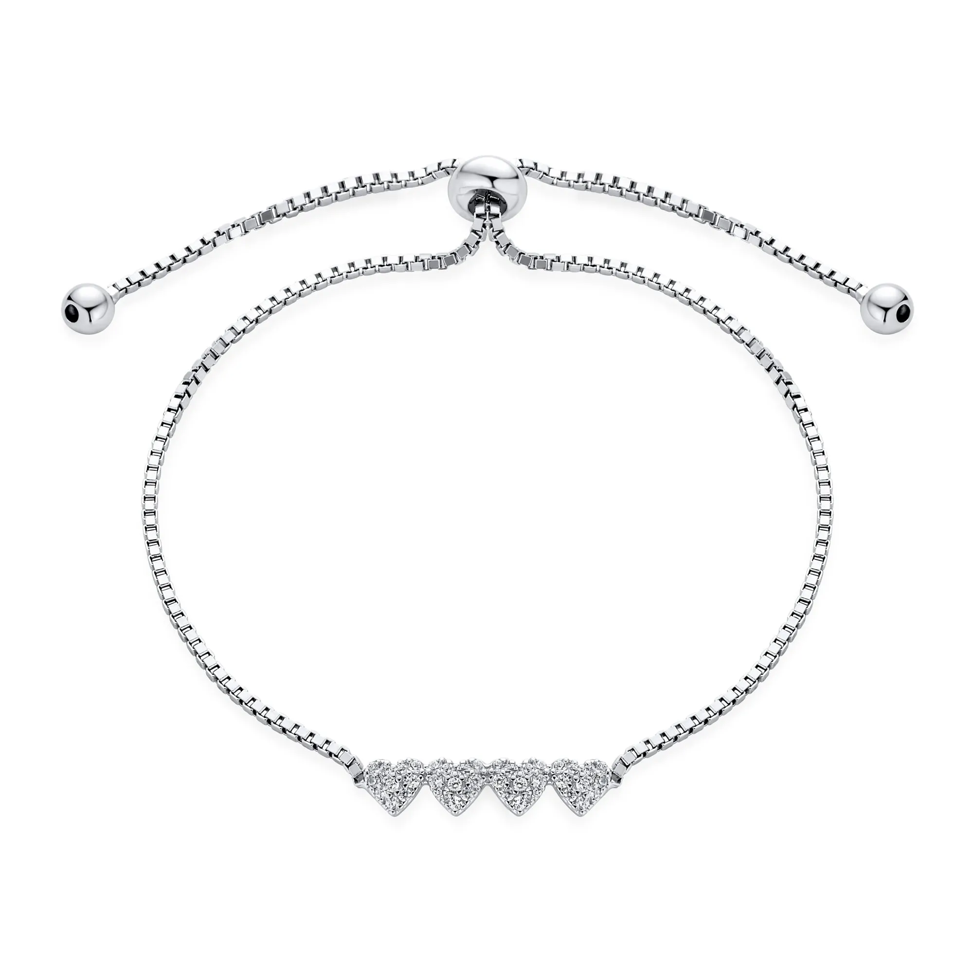 Dainty CZ Four Hearts Bolo Bracelet with Sterling Silver Sliding Clasp