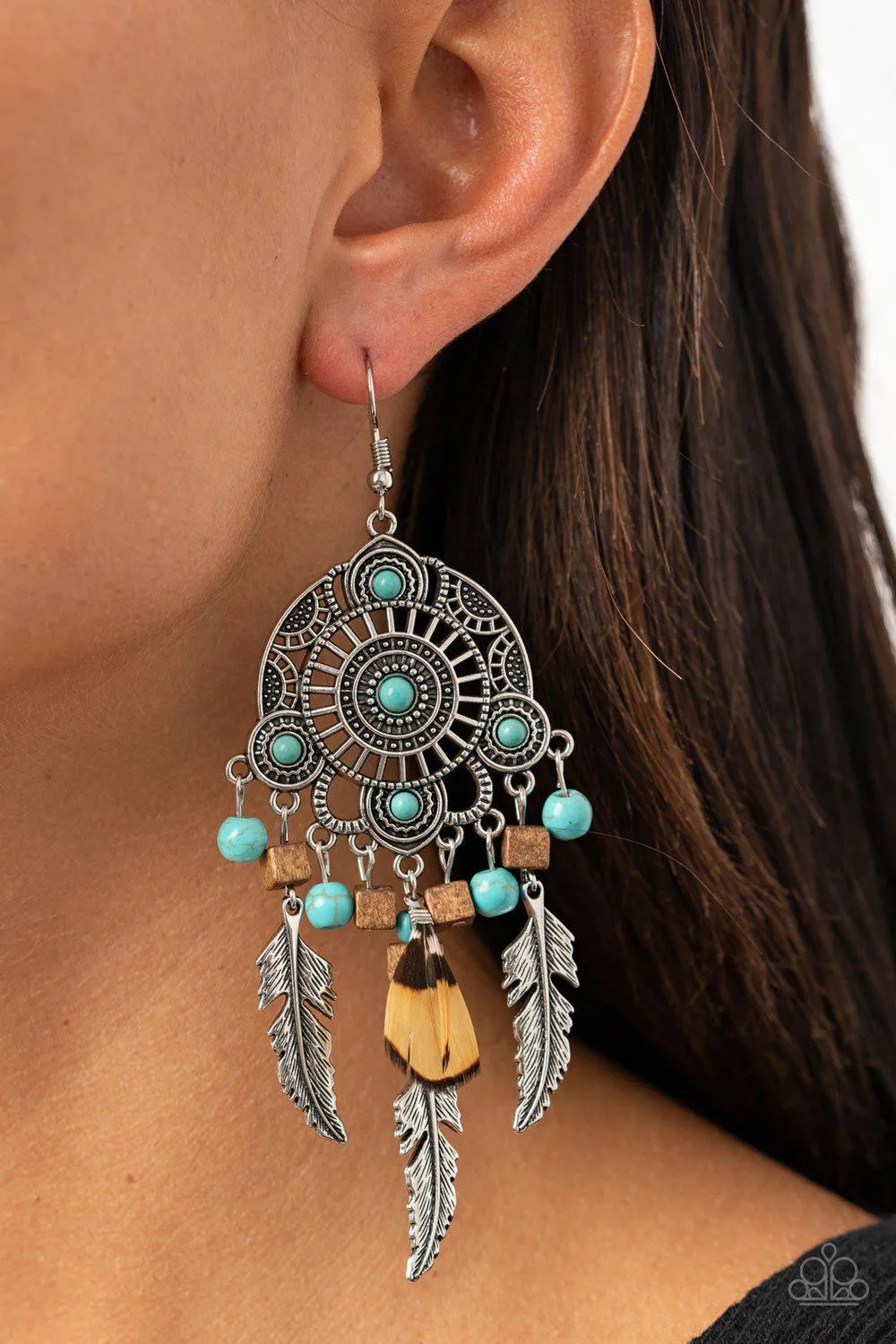 Desert Plains Turquoise Blue and Silver Feather Earrings - Paparazzi Accessories