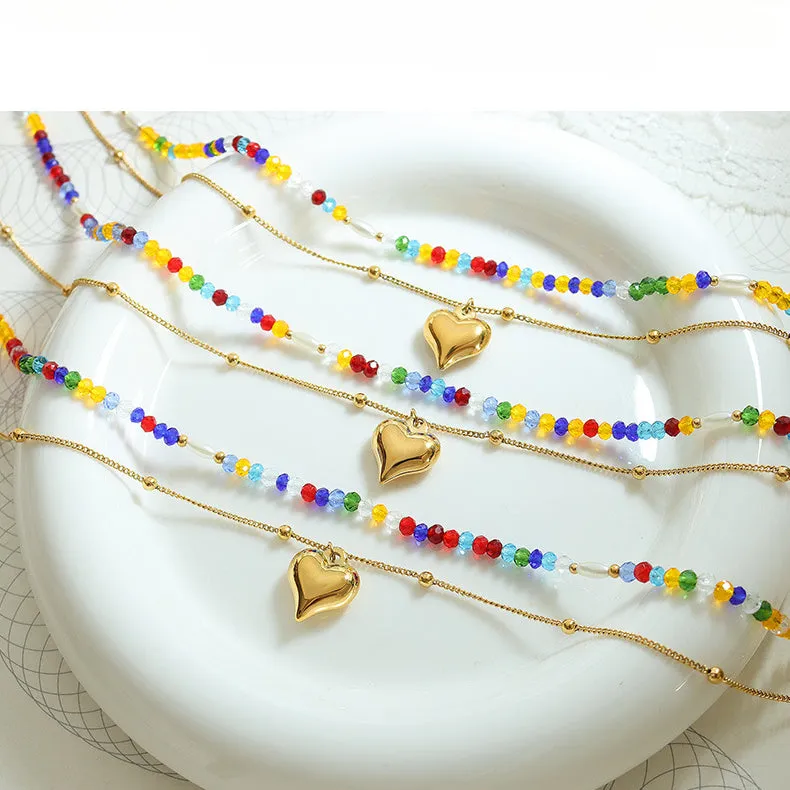 Double Layered Stacked Rainbow Crystal and Pearl With Heart Pendant Necklace