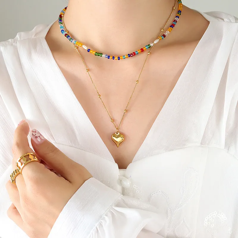 Double Layered Stacked Rainbow Crystal and Pearl With Heart Pendant Necklace