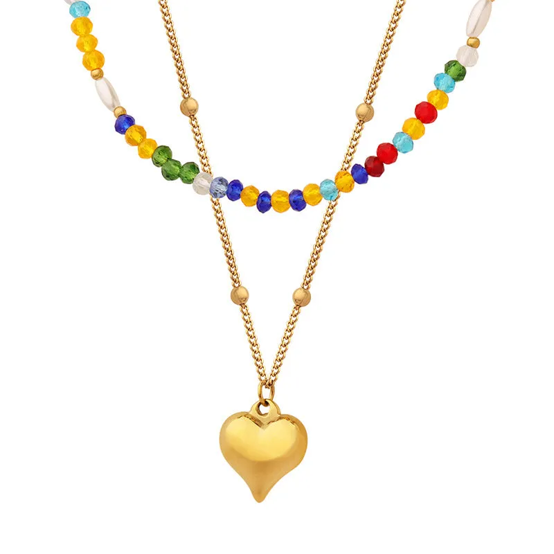 Double Layered Stacked Rainbow Crystal and Pearl With Heart Pendant Necklace