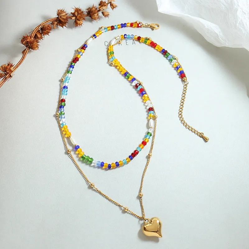 Double Layered Stacked Rainbow Crystal and Pearl With Heart Pendant Necklace