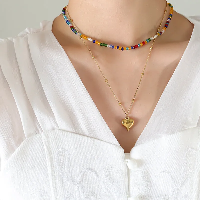 Double Layered Stacked Rainbow Crystal and Pearl With Heart Pendant Necklace