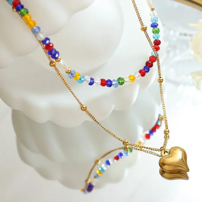 Double Layered Stacked Rainbow Crystal and Pearl With Heart Pendant Necklace