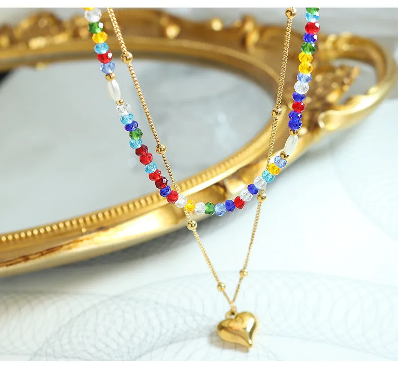 Double Layered Stacked Rainbow Crystal and Pearl With Heart Pendant Necklace