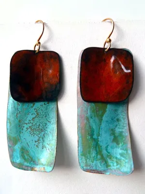 Earrings Dogtag In Patina And Copper Yellow And Burnt Orange