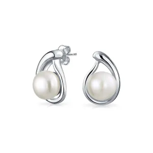 Elegant Bridal White Freshwater Pearl Teardrop Stud Earrings - Sterling Silver