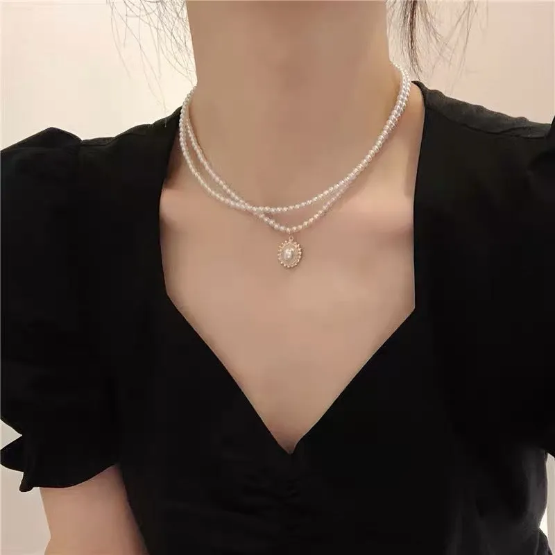 Elegant Vintage French Double Layer Pearl Necklace For Women