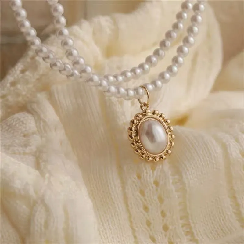 Elegant Vintage French Double Layer Pearl Necklace For Women