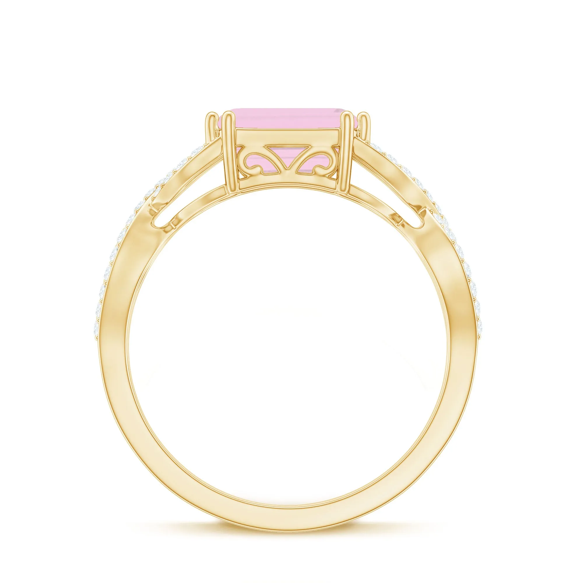 Emerald Cut Rose Quartz East West Crossover Ring with Diamond