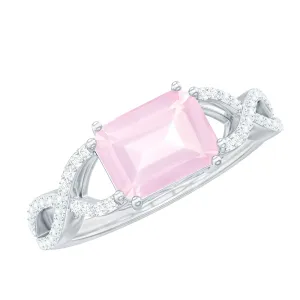 Emerald Cut Rose Quartz East West Crossover Ring with Diamond