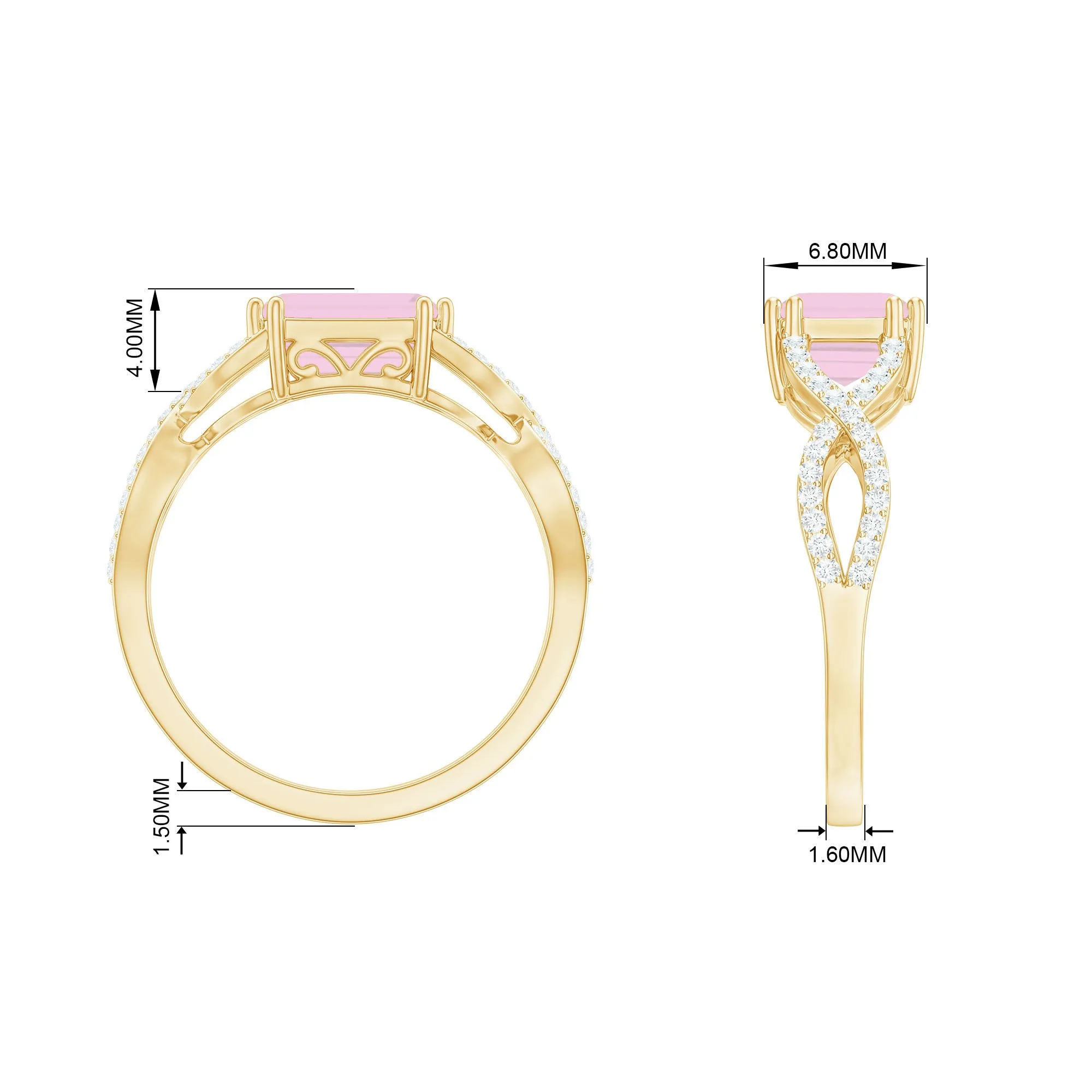 Emerald Cut Rose Quartz East West Crossover Ring with Diamond