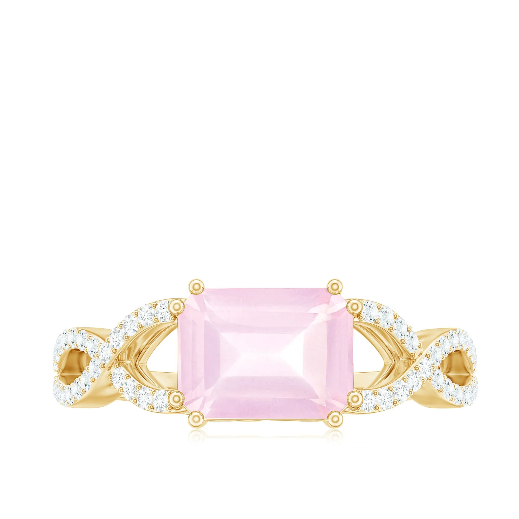 Emerald Cut Rose Quartz East West Crossover Ring with Diamond