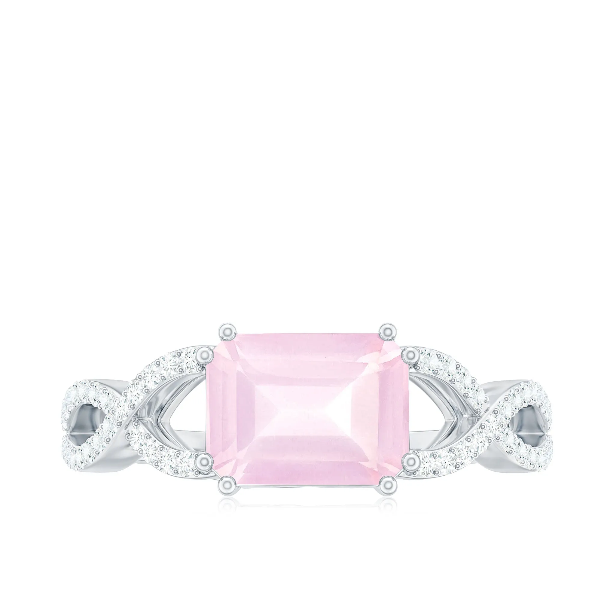 Emerald Cut Rose Quartz East West Crossover Ring with Diamond