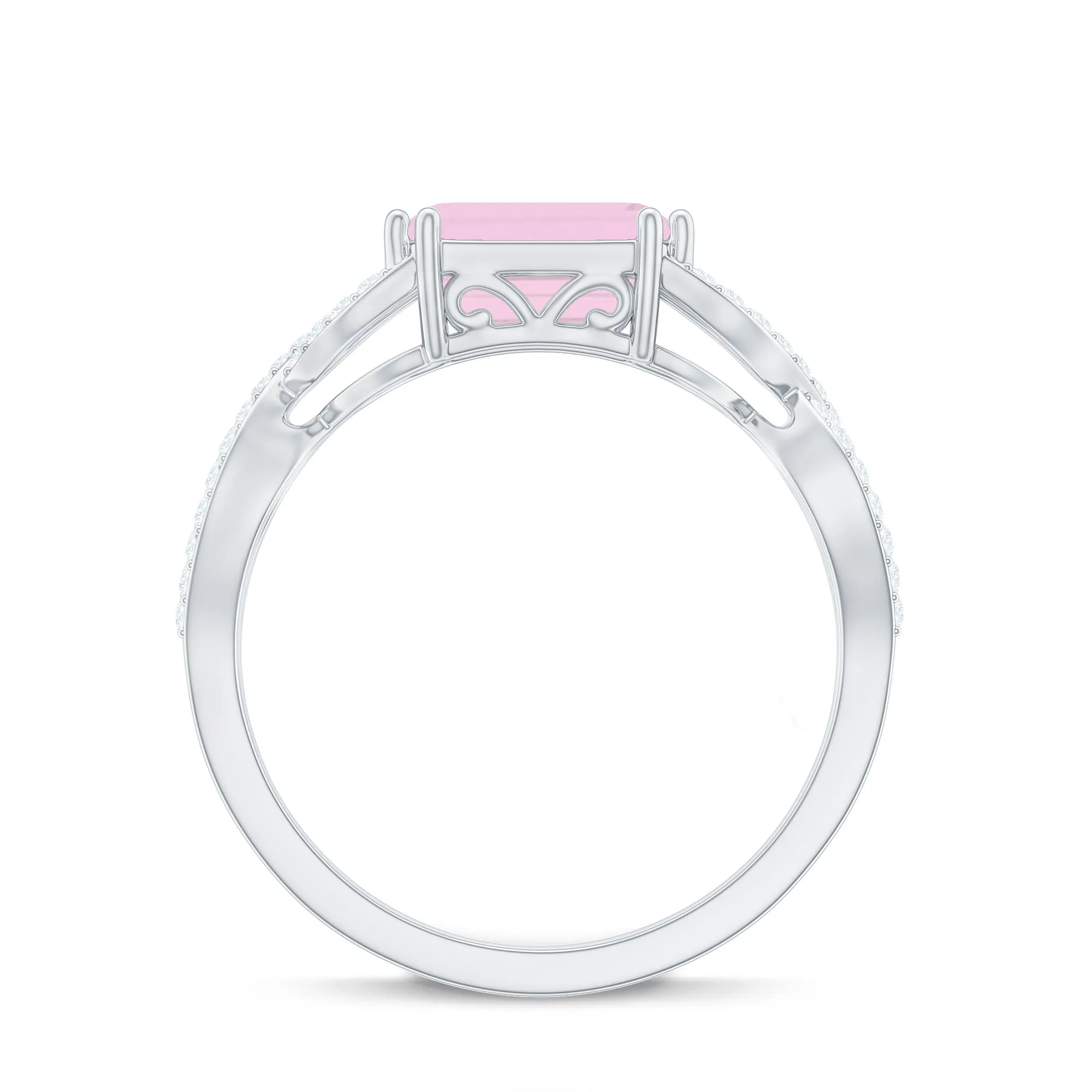 Emerald Cut Rose Quartz East West Crossover Ring with Diamond