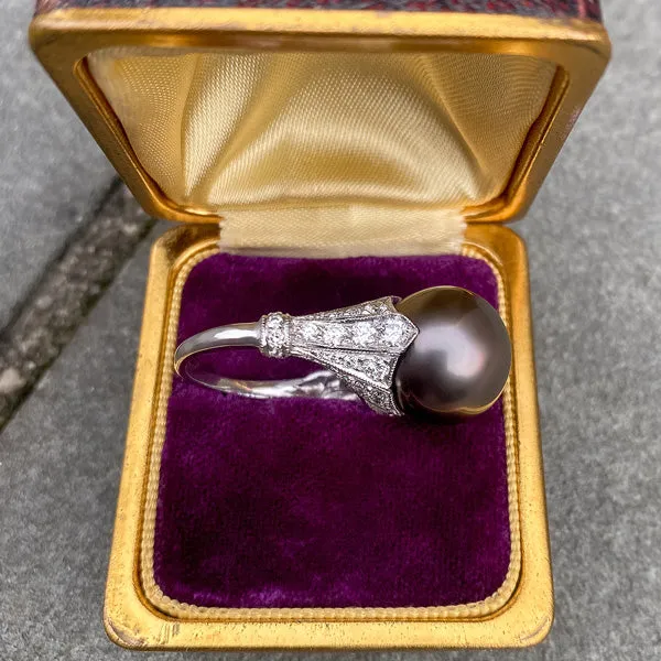 Estate Black Pearl & Diamond Ring