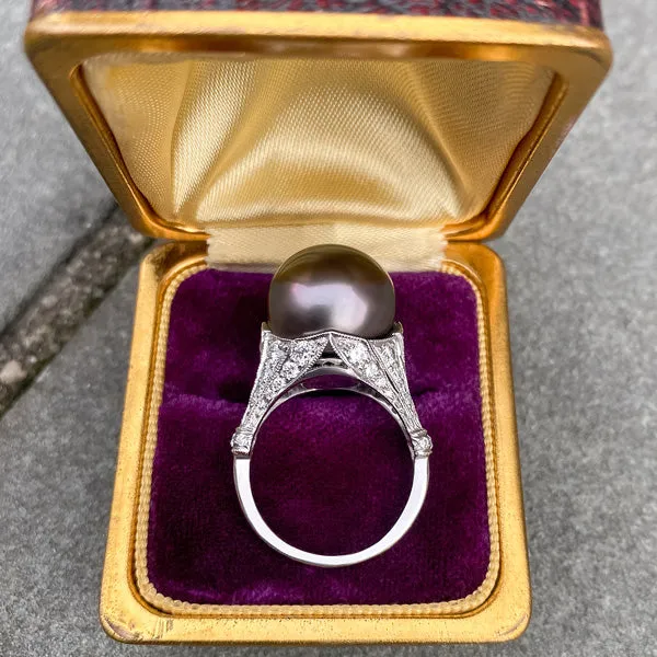 Estate Black Pearl & Diamond Ring