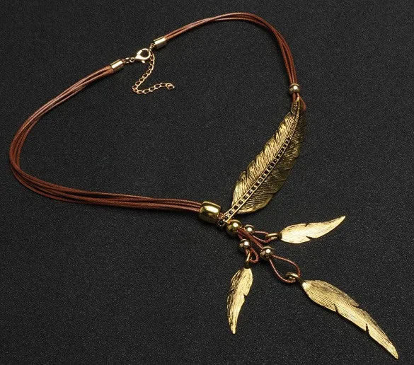 Fashion Bohemian Style Bronze Rope Chain Feather Pattern Pendant Necklace