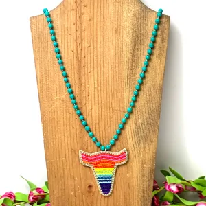 Faux Turquoise Beaded Necklace with Rainbow Seed Bead and Rhinestone Bull Pendant