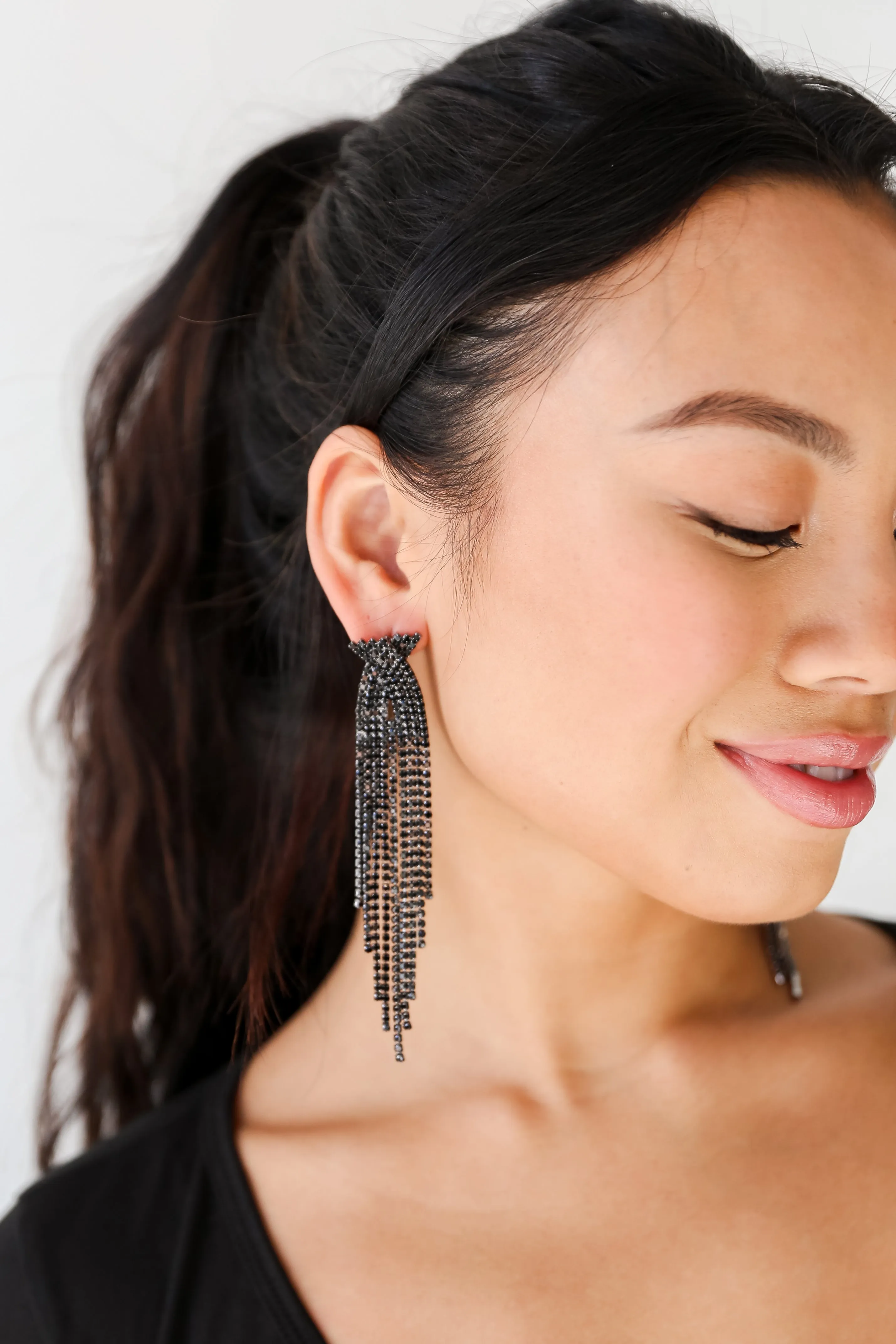 FINAL SALE - Dakota Black Rhinestone Fringe Earrings