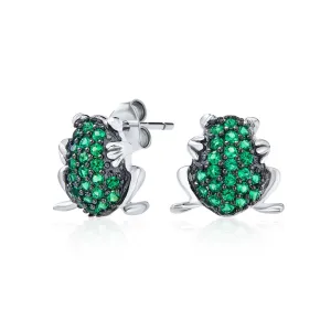 Garden Green Frog Todd CZ Stud Earrings with Cubic Zirconia in Sterling Silver