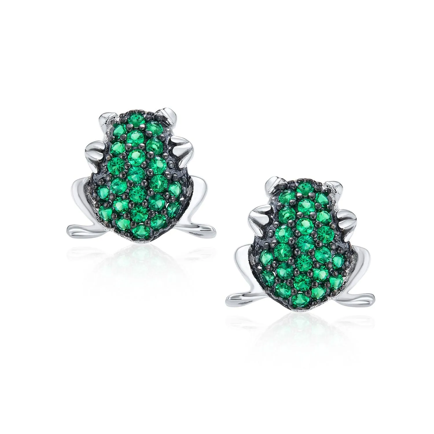 Garden Green Frog Todd CZ Stud Earrings with Cubic Zirconia in Sterling Silver