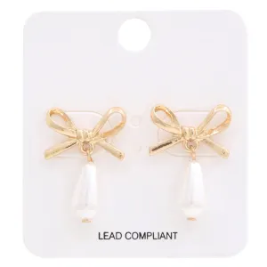 Gold Bow Pearl Drop Stud Earrings