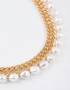 Gold Chain Pearl Double Row Necklace