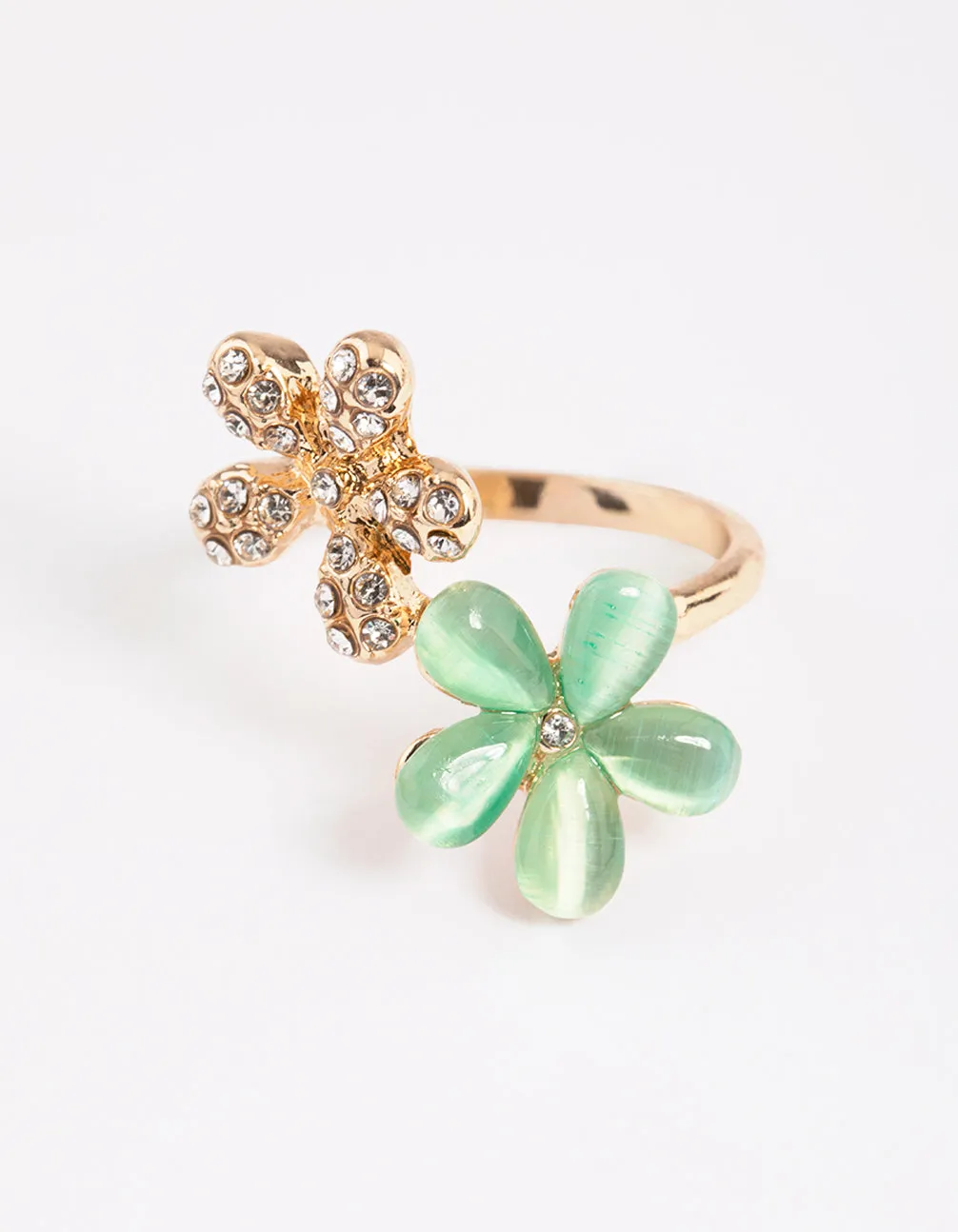 Gold Diamante & Cats Eye Flower Ring