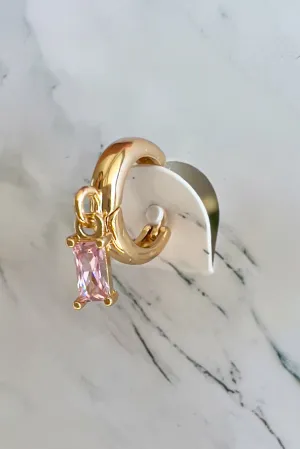 Gold Hoop Earrings with Pink Stone Drops