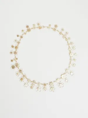 Gold Small Double Flowery Necklace Scattered With 26 Diamonds