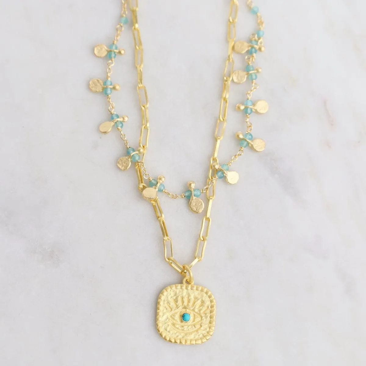 Gold Square Turquoise Eye Pendant Necklace