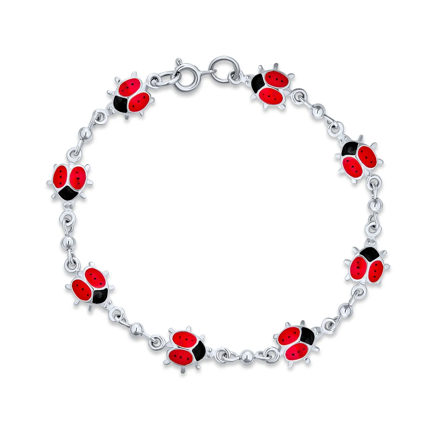 Good Luck Chain Link Bracelet with Red Ladybugs Charms Sterling Silver 7-7.5 Inch