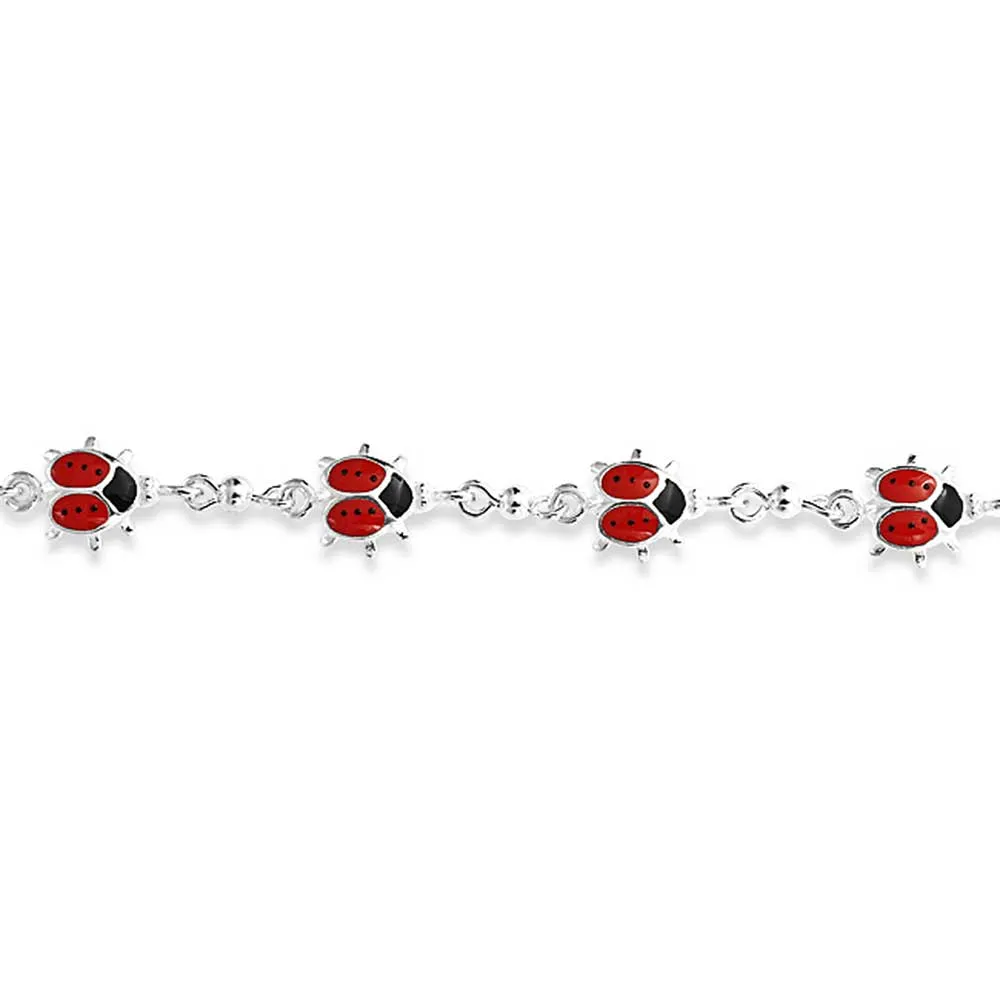 Good Luck Chain Link Bracelet with Red Ladybugs Charms Sterling Silver 7-7.5 Inch