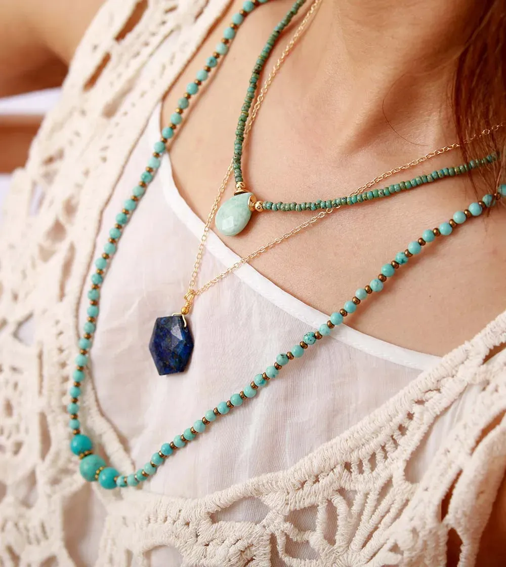 Handmade Seed Beads Teardrop Pendant Necklaces - Natural Stone Choker with Amazonite, Lapis Lazuli, or Red Jasper