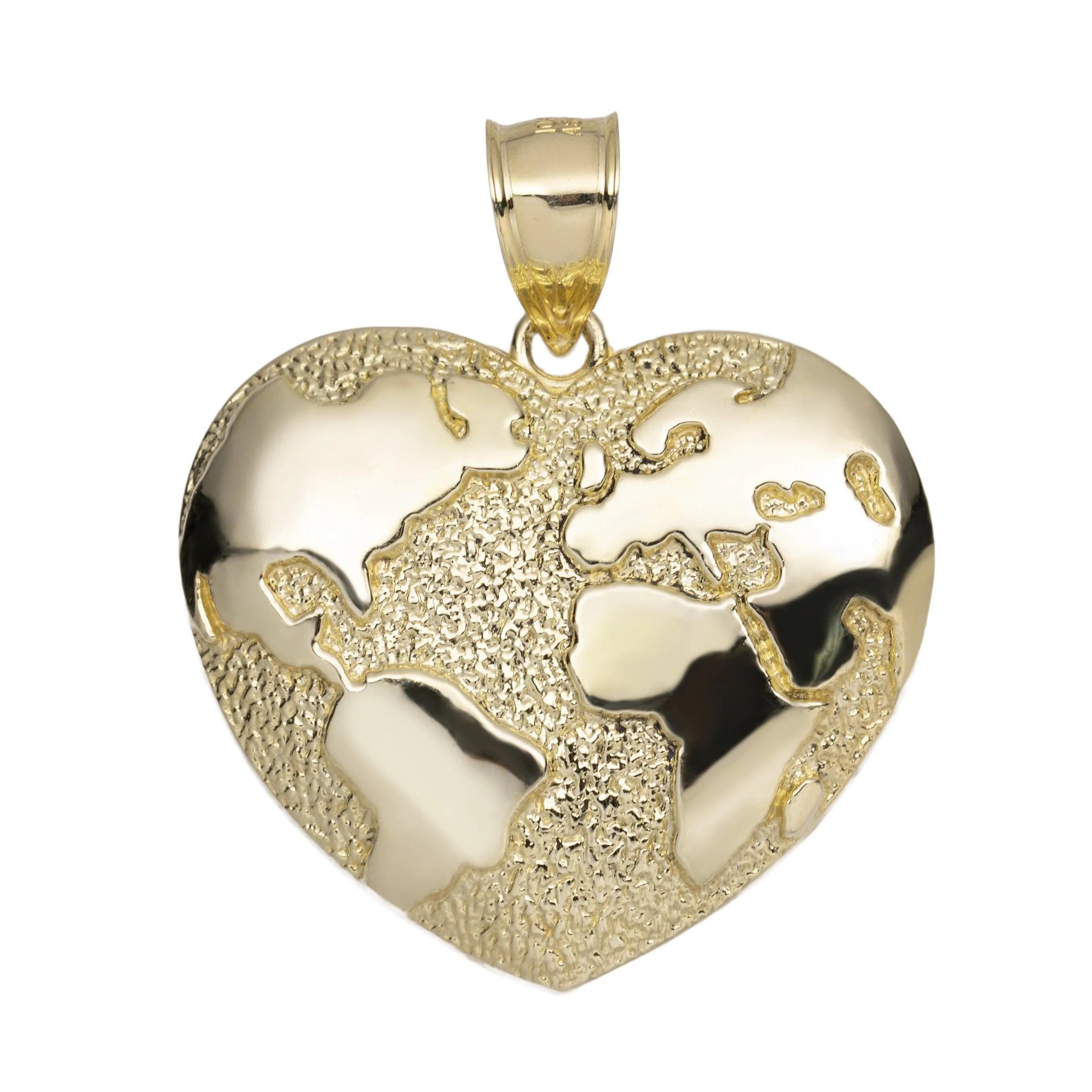 Heart Shaped World Map Pendant 10K Yellow Gold