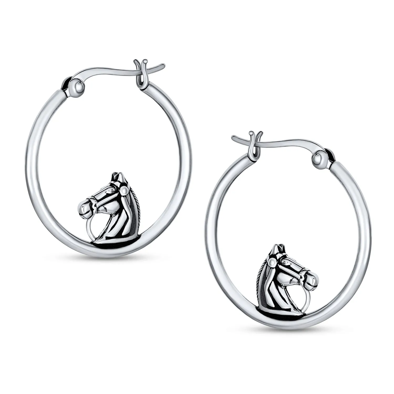 Hoop Huggie Earrings Sterling Silver Horse Design 1.25 Inch Western Style