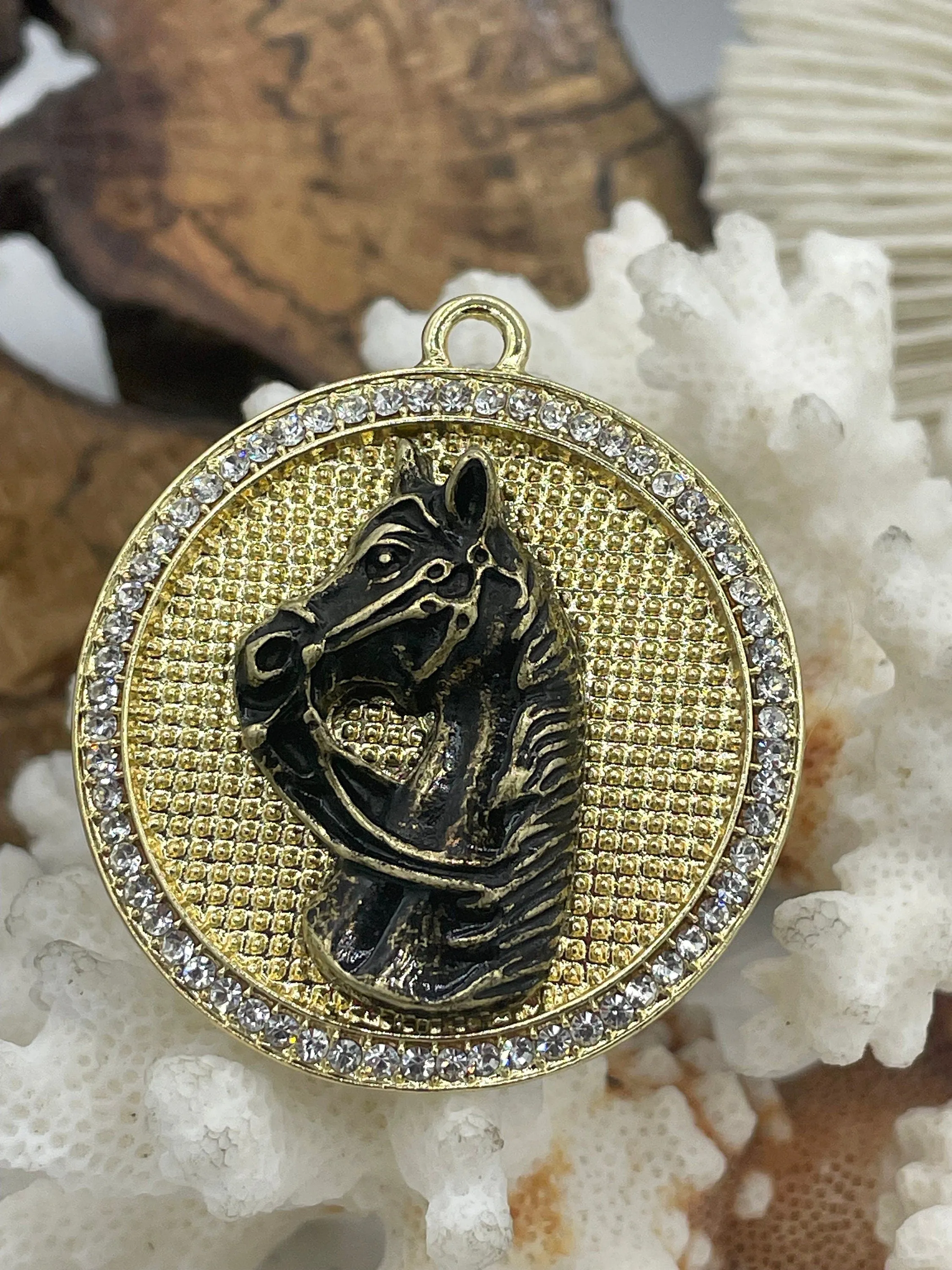 Horse Pendant with CZ, Round Horse Charm, Equestrian Charm, Horse Pendant, Equestrian Pendant, Zinc Alloy & Cubic Zirconia, Fast Ship