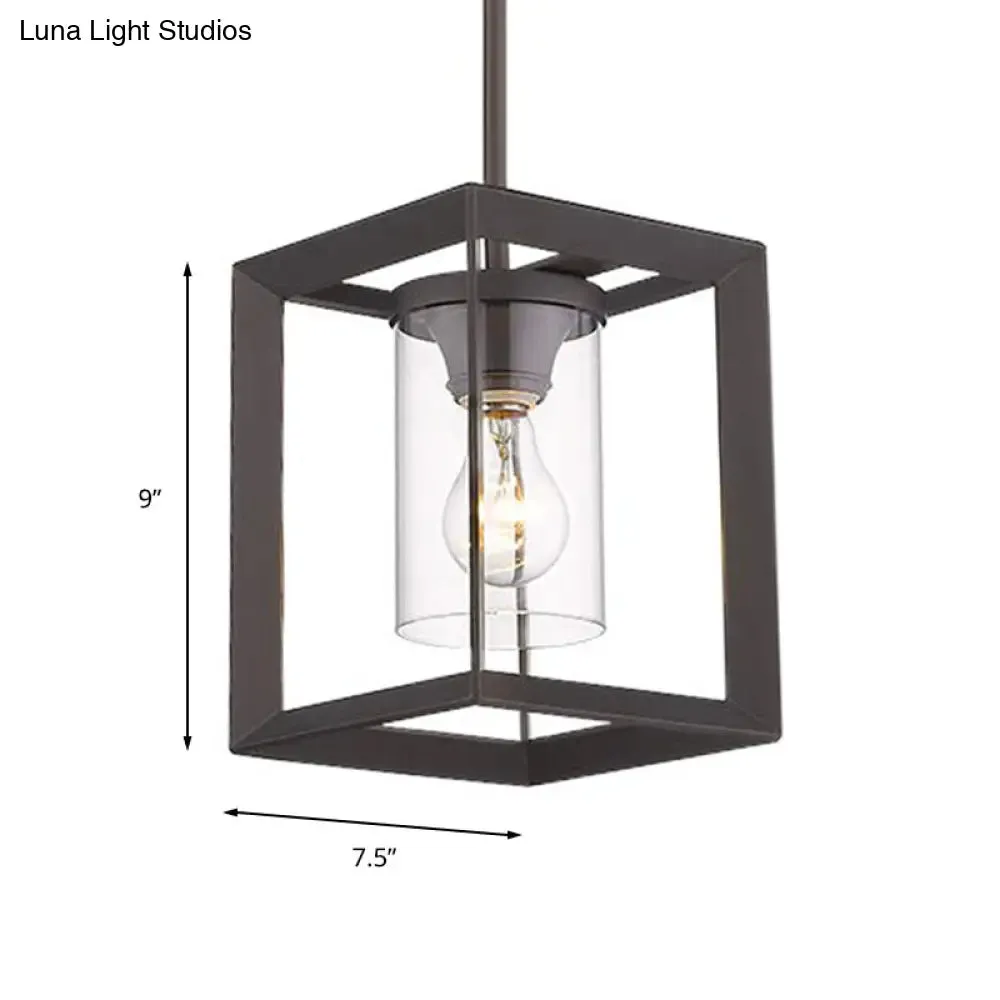 Industrial Black Cylinder Glass Pendant Light - Clear Glass - Living Room Ceiling Fixture